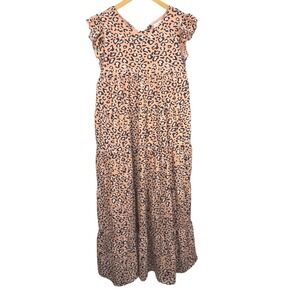 Free The Roses Dress Women Large Leopard Print Tiered Maxi Ruffle Sleeve Peach